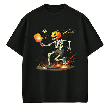 Funny Pickleball Shirt, Pickleball Lover Unisex T-Shirt/Hoodie/Sweatshirt HLT00 - Pumpkin Head Skeleton Pickleball Halloween Spooky Sports T-Shirt