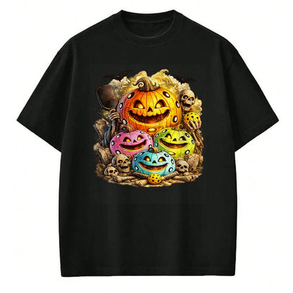 Funny Pickleball Shirt, Pickleball Lover Unisex T-Shirt/Hoodie/Sweatshirt HLT00 - Halloween Pickleball Pumpkins and Skeletons T-Shirt