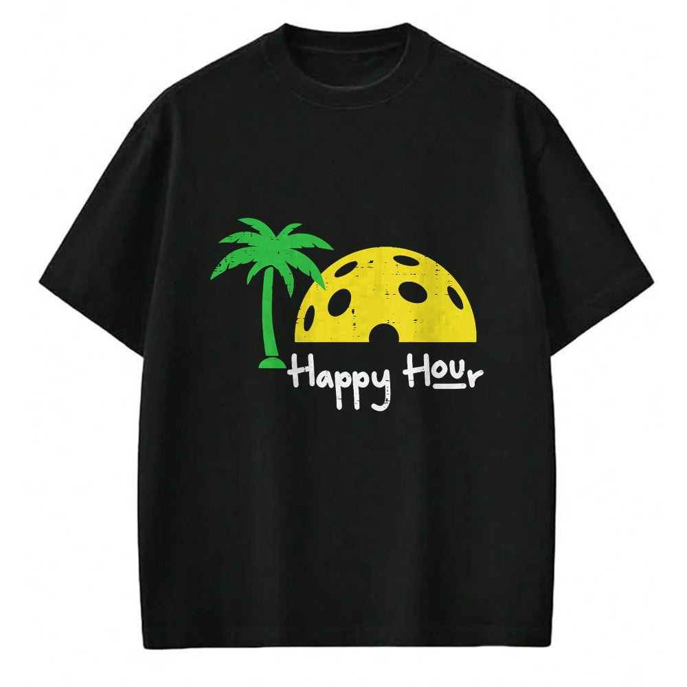 Funny Pickleball Shirt, Pickleball Lover Unisex T-Shirt/Hoodie/Sweatshirt HLT00 - Pickle Ball Happy Hour Palm Tree Pickleball Men Women Kids T-Shirt
