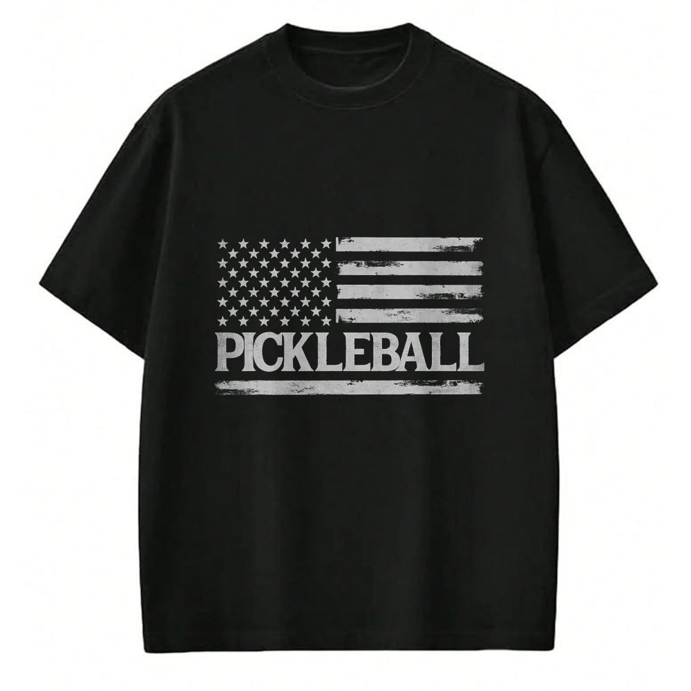 Funny Pickleball Shirt, Pickleball Lover Unisex T-Shirt/Hoodie/Sweatshirt HLT00 - Pickleball Grey Vintage USA Flag Player Coach T-Shirt