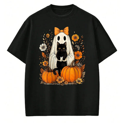 Cat Love Shirt, Funny Cat Lover Gift UnisexT-Shirt/Hoodie/Sweatshirt HLT00 - Vintage Halloween Ghost Holding Black Cat Groovy Floral T-Shirt, Women_s Plus, Black, 2X