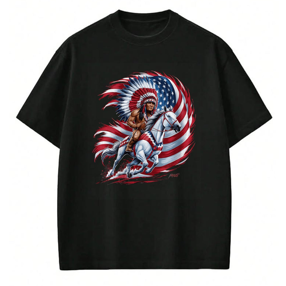 Native American T-Shirts, Vintage Native American Unisex T-Shirt/Hoodie/Sweatshirt HLT00 - Native American Day Flag usa Indian Riding Horse
