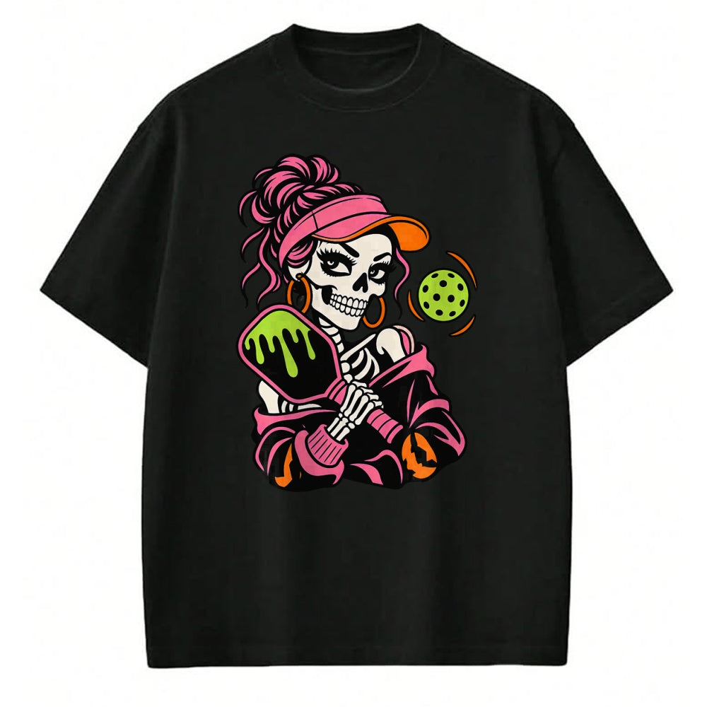 Funny Pickleball Shirt, Pickleball Lover Unisex T-Shirt/Hoodie/Sweatshirt HLT00 - Halloween Pickleball Skeleton Girls Women Halloween T-Shirt