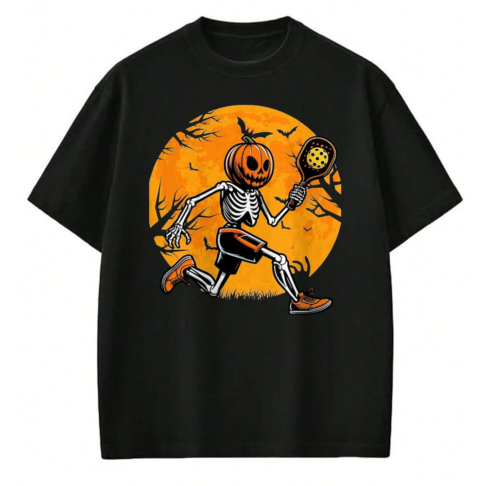 Funny Pickleball Shirt, Pickleball Lover Unisex T-Shirt/Hoodie/Sweatshirt HLT00 - Halloween Pickleball Pumpkin Skeleton Pickleball Halloween T-Shirt