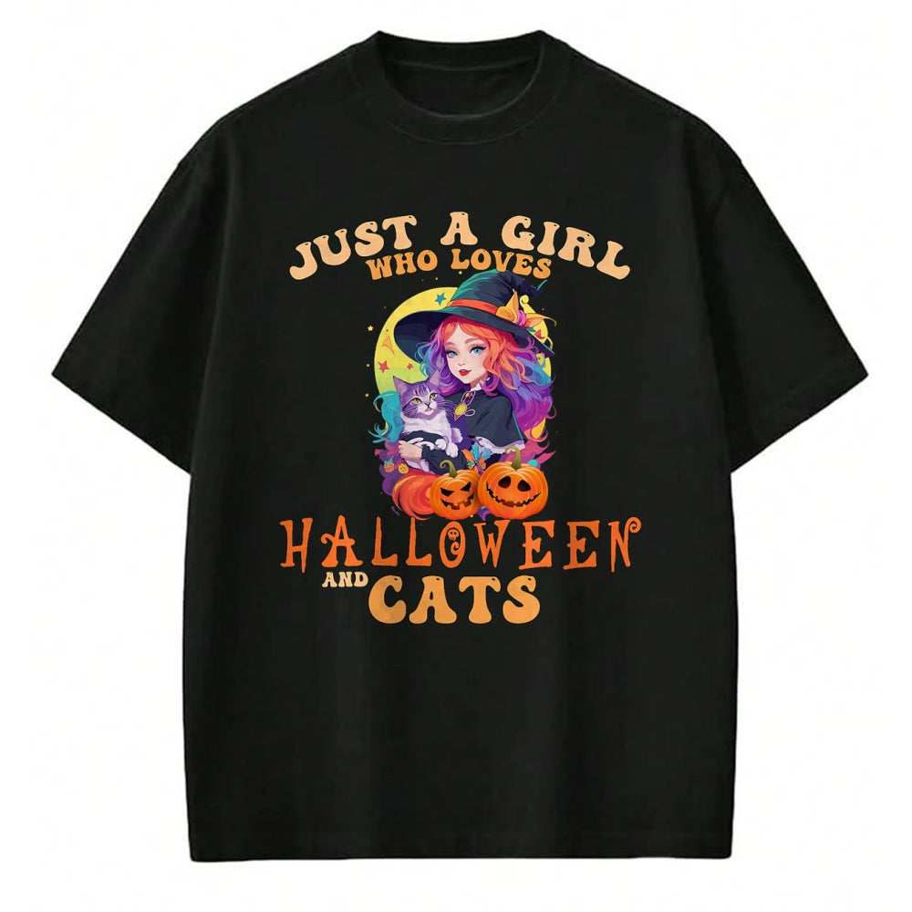 Cat Love Shirt, Funny Cat Lover Gift UnisexT-Shirt/Hoodie/Sweatshirt HLT00 - Just A Girl Who Loves Halloween and Cats Spooky Fall Pumpkin T-Shirt