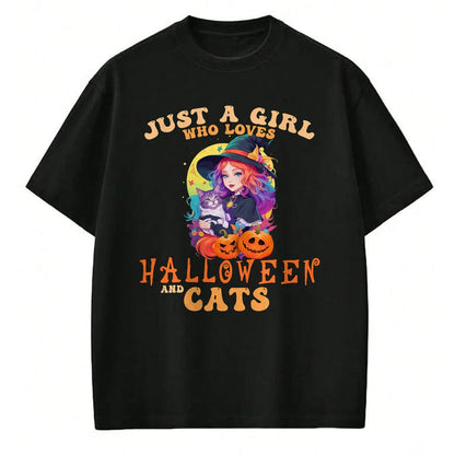 Cat Love Shirt, Funny Cat Lover Gift UnisexT-Shirt/Hoodie/Sweatshirt HLT00 - Just A Girl Who Loves Halloween and Cats Spooky Fall Pumpkin T-Shirt