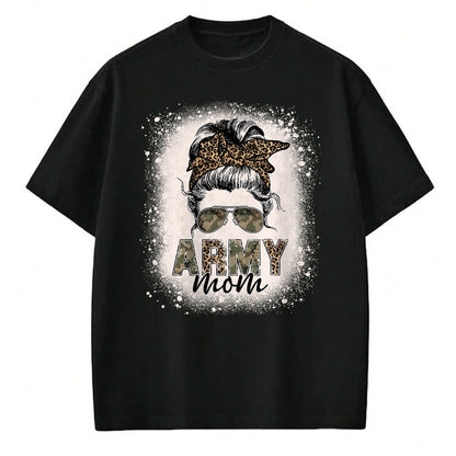 Gift for Mom Shirt, Funny Mom Unisex T-Shirt/Hoodie/Sweatshirt HLT00 - Proud Army Mom Women Leopard Camo Messy Bun Bleached T-Shirt