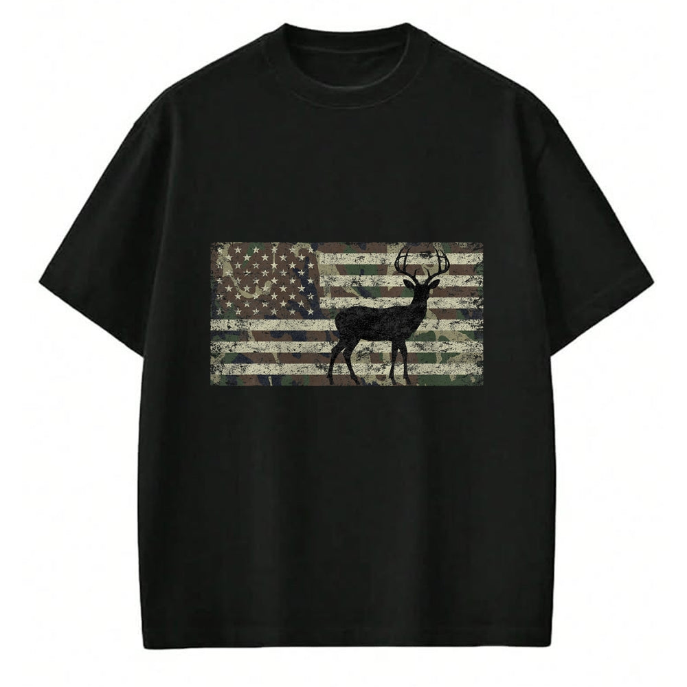 Funny Hunting Shirt, Gift For Hunting Lover Unisex T-Shirt/Hoodie/Sweatshirt HLT00 - Deer Hunting Camo American Flag Buck Standing Hunter Country T-Shirt