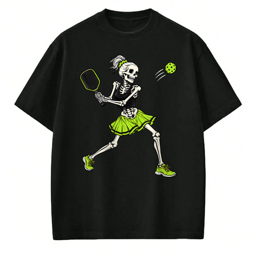 Funny Pickleball Shirt, Pickleball Lover Unisex T-Shirt/Hoodie/Sweatshirt HLT00 - Funny Pickleball Skeleton Halloween Sport Spooky Women Girls T-Shirt