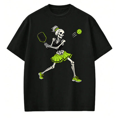 Funny Pickleball Shirt, Pickleball Lover Unisex T-Shirt/Hoodie/Sweatshirt HLT00 - Funny Pickleball Skeleton Halloween Sport Spooky Women Girls T-Shirt