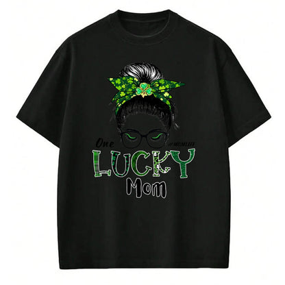 Gift for Mom Shirt, Funny Mom Unisex T-Shirt/Hoodie/Sweatshirt HLT00 - One Lucky Mom St Patricks Day Shamrock Messy Bun T-Shirt