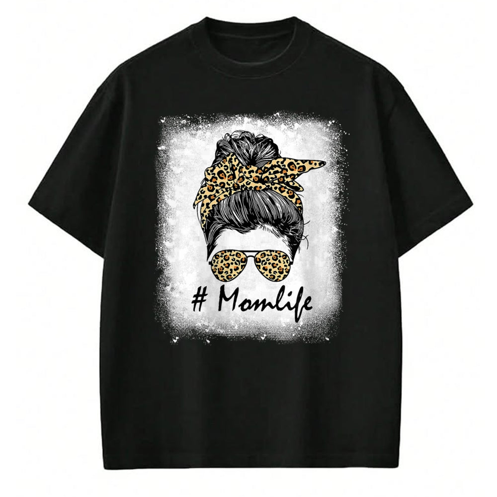 Gift for Mom Shirt, Funny Mom Unisex T-Shirt/Hoodie/Sweatshirt HLT00 - Mom Life Bleached Shirt Mom Life Leopard Messy Bun T-Shirt