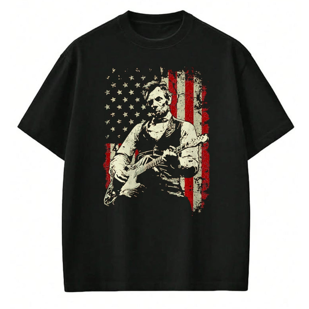 Guitar Lover Shirt, Funny Guitar UnisexT-Shirt/Hoodie/Sweatshirt HLT00 - Abraham Lincoln Playing Guitar Rock and Roll American Flag T-Shirt, Men, Black, 3X-Large