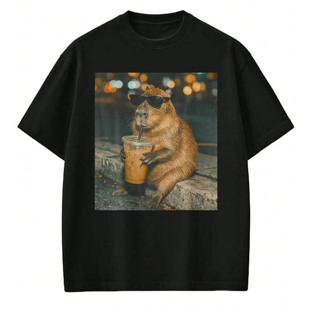 Cute Capybara Shirt, Funny Capybara Unisex T-Shirt/Hoodie/Sweatshirt HLT00 - Funny Capybara Drinking Iced Coffee Cute Animal Meme T-Shirt