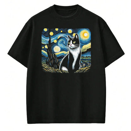 Cat Love Shirt, Funny Cat Lover Gift UnisexT-Shirt/Hoodie/Sweatshirt HLT00 - Tuxedo Cat Starry Night Painting Tuxedo Cat Owner T-Shirt, Men, Black, 3X-Large