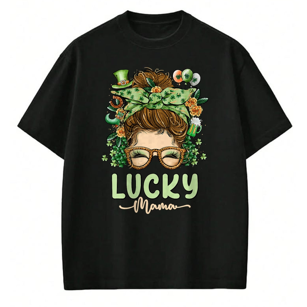Gift for Mom Shirt, Funny Mom Unisex T-Shirt/Hoodie/Sweatshirt HLT00 - Lucky Mama St Patricks & Mothers Day Mom Messy Bun Irish T-Shirt