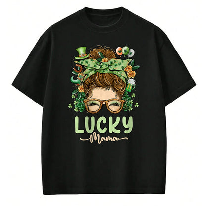 Gift for Mom Shirt, Funny Mom Unisex T-Shirt/Hoodie/Sweatshirt HLT00 - Lucky Mama St Patricks & Mothers Day Mom Messy Bun Irish T-Shirt