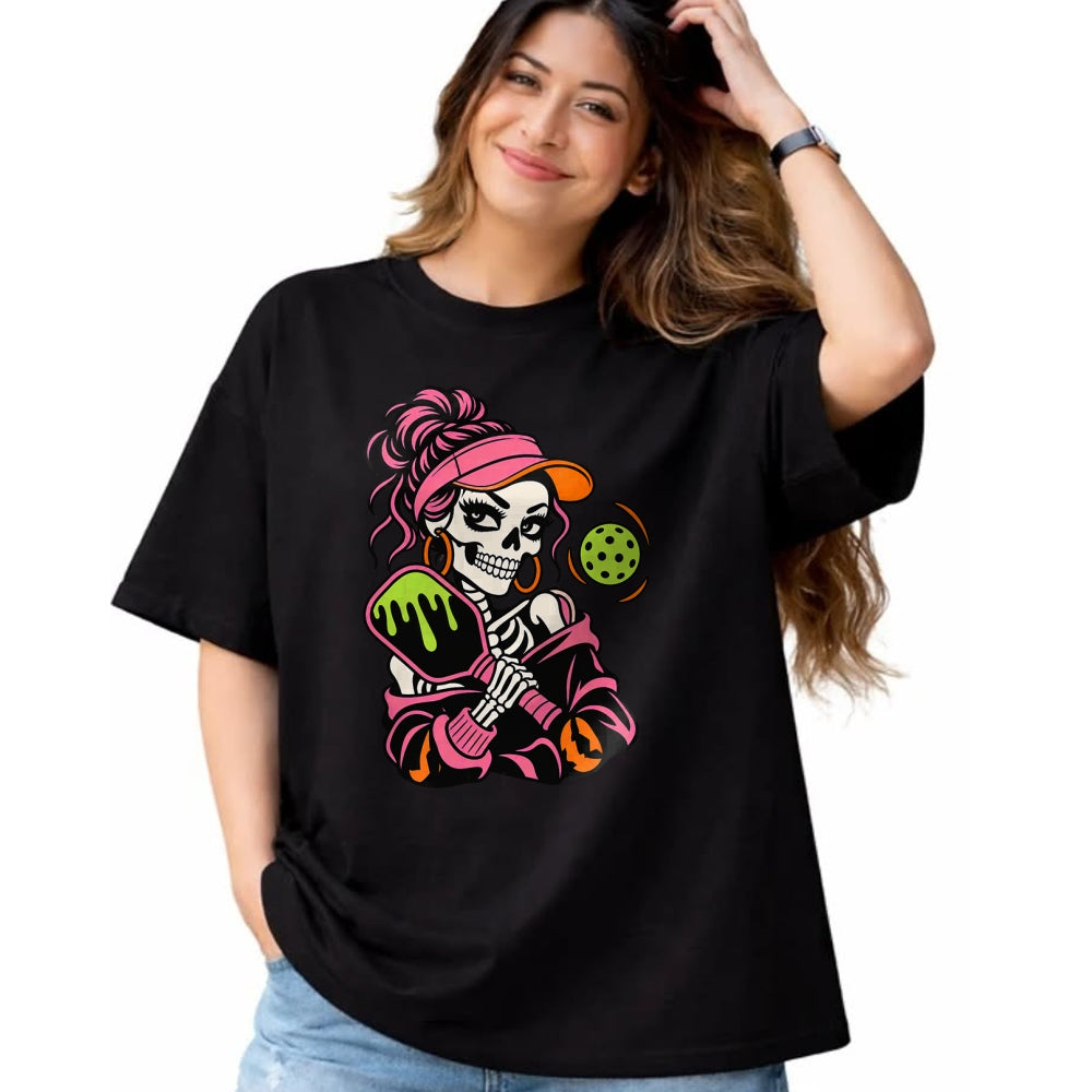 Funny Pickleball Shirt, Pickleball Lover Unisex T-Shirt/Hoodie/Sweatshirt HLT00 - Halloween Pickleball Skeleton Girls Women Halloween T-Shirt