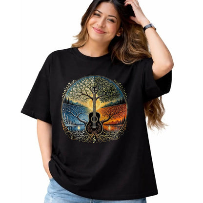 Guitar Lover Shirt, Funny Guitar UnisexT-Shirt/Hoodie/Sweatshirt HLT00 - Acoustic Guitar by the Lake Seasons Nature Music T-Shirt, Men, Black, X-Large