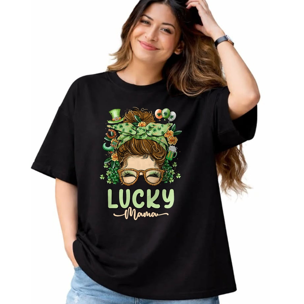Gift for Mom Shirt, Funny Mom Unisex T-Shirt/Hoodie/Sweatshirt HLT00 - Lucky Mama St Patricks & Mothers Day Mom Messy Bun Irish T-Shirt