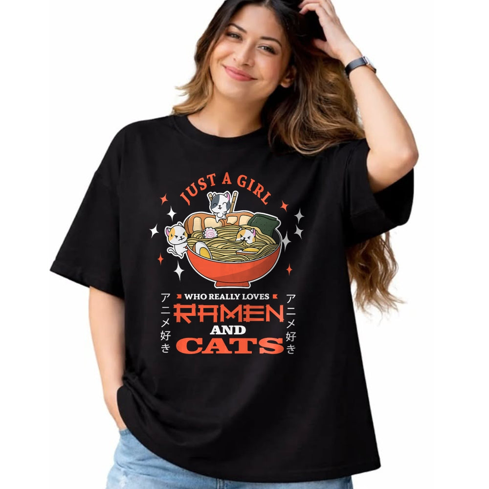 Cat Love Shirt, Funny Cat Lover Gift UnisexT-Shirt/Hoodie/Sweatshirt HLT00 - Just a girl who really loves Ramen and cats Design T-Shirt