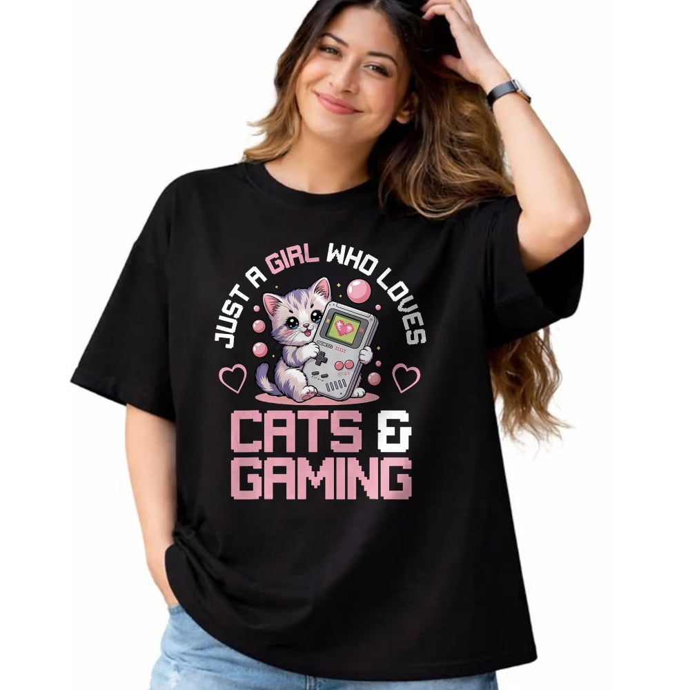 Cat Love Shirt, Funny Cat Lover Gift UnisexT-Shirt/Hoodie/Sweatshirt HLT00 - Just A Girl Who Loves Cats and Gaming Cute Gamer Cat T-Shirt