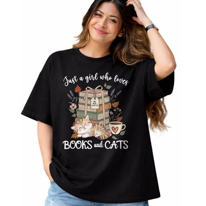 Cat Love Shirt, Funny Cat Lover Gift UnisexT-Shirt/Hoodie/Sweatshirt HLT00 - Pretty Just a Girl Who Loves Books and Cats Cat Lover Long Sleeve T-Shirt (1)