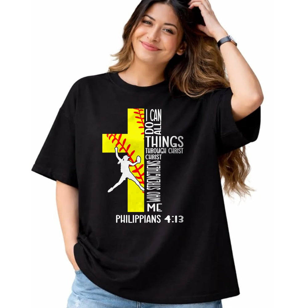 Christian Tee, Christian Faith Unisex T-Shirt/Hoodie/Sweatshirt HLT00 - I Can Do All Things Through Christ Softball Christian Bible T-Shirt