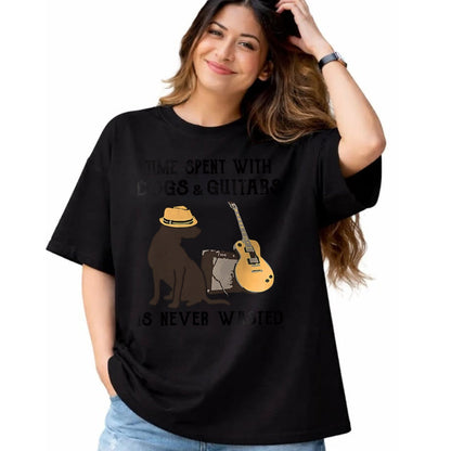 Guitar Lover Shirt, Funny Guitar UnisexT-Shirt/Hoodie/Sweatshirt HLT00 - Time Spent with Dog and Guitars is Never Wasted Saying T-Shirt
