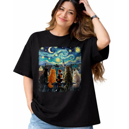 Cat Love Shirt, Funny Cat Lover Gift UnisexT-Shirt/Hoodie/Sweatshirt HLT00 - Funny Cat Starry Night Van Gogh Cats Rooftop Scene Feline T-Shirt, Women, Black, 3X-Large