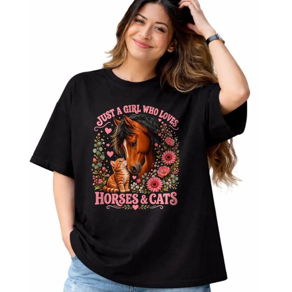 Best Horse Lover Shirt , Funny Horse UnisexT-Shirt/Hoodie/Sweatshirt HLT00 - Just a Girl Who Loves Horses and Cats Floral Animal Lover T-Shirt