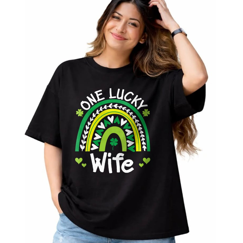 Best Wife Shirt, Wife and Husband Unisex T-Shirt/Hoodie/Sweatshirt HLT00 - Gift for wife T shirt, lucky wife   Womens One Lucky Wife Boho Rainbow St Patricks Day Shamrock V-Ne