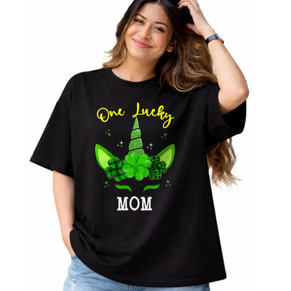 Gift for Mom Shirt, Funny Mom Unisex T-Shirt/Hoodie/Sweatshirt HLT00 - Leopard Shamrock Unicorn One Lucky Mom St Patricks Day T-Shirt