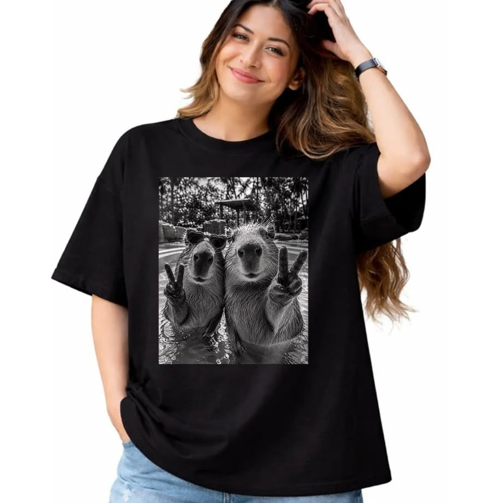 Cute Capybara Shirt, Funny Capybara Unisex T-Shirt/Hoodie/Sweatshirt HLT00 - Funny Capybara Selfie Peace Sign Men Women Cute Animal T-Shirt