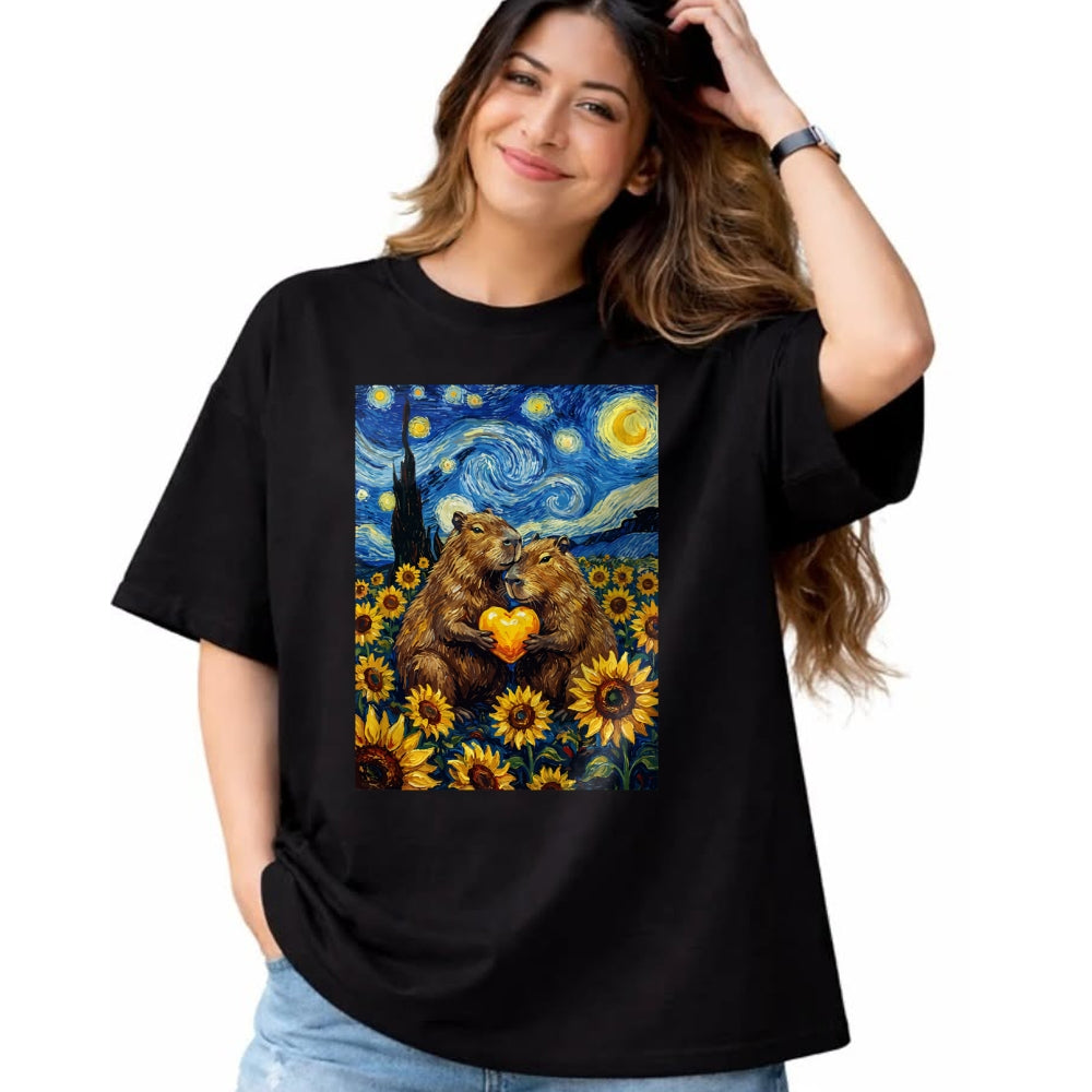 Cute Capybara Shirt, Funny Capybara Unisex T-Shirt/Hoodie/Sweatshirt HLT00 - Capybara Starry Night with Heart and Sunflowers Long Sleeve T-Shirt