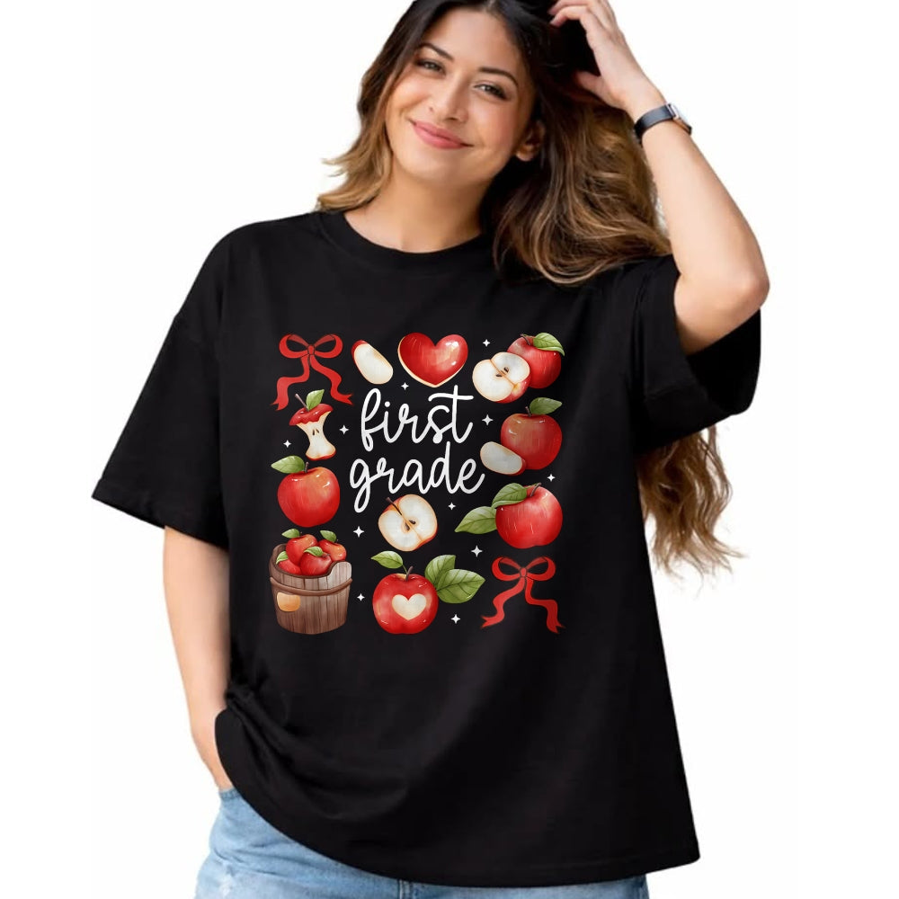Best Student Shirt, Funny Back To School UnisexT-Shirt/Hoodie/Sweatshirt HLT00 - First Grade Teacher Apple Coquette Bow Fruit Back to School T-Shirt