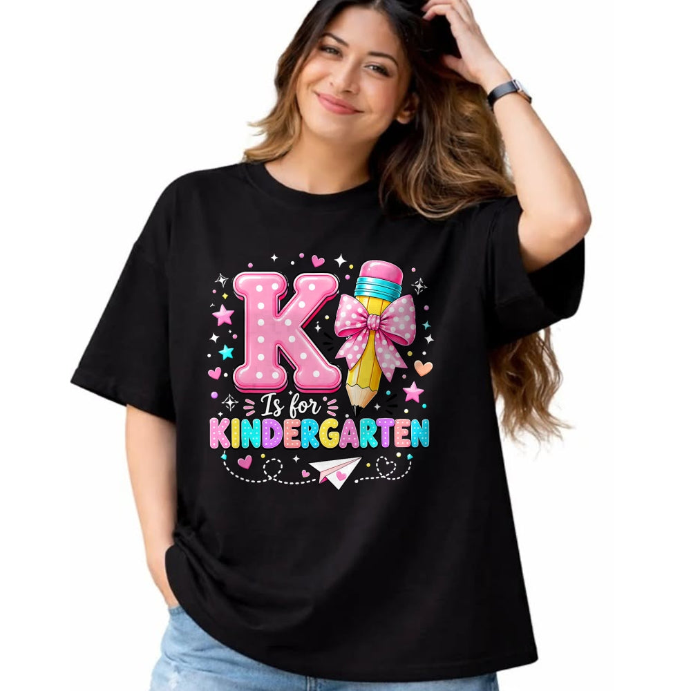 Best Teacher Shirt, Funny Teacher UnisexT-Shirt/Hoodie/Sweatshirt HLT00 - K is for Kindergarten Teacher Coquette Bow Back to School T-Shirt