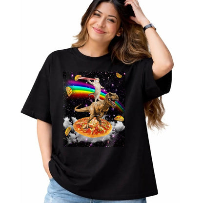 Cat Love Shirt, Funny Cat Lover Gift UnisexT-Shirt/Hoodie/Sweatshirt HLT00 - Galaxy Laser Cat on Dinosaur on Pizza with Tacos & Rainbow T-Shirt
