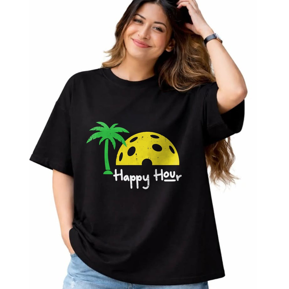 Funny Pickleball Shirt, Pickleball Lover Unisex T-Shirt/Hoodie/Sweatshirt HLT00 - Pickle Ball Happy Hour Palm Tree Pickleball Men Women Kids T-Shirt