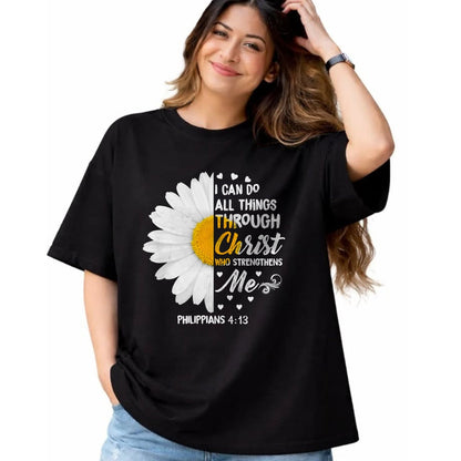 Christian Tee, Christian Faith Unisex T-Shirt/Hoodie/Sweatshirt HLT00 - I Can Do All Things Through Christ - Daisy Flower Religious T-Shirt (2)