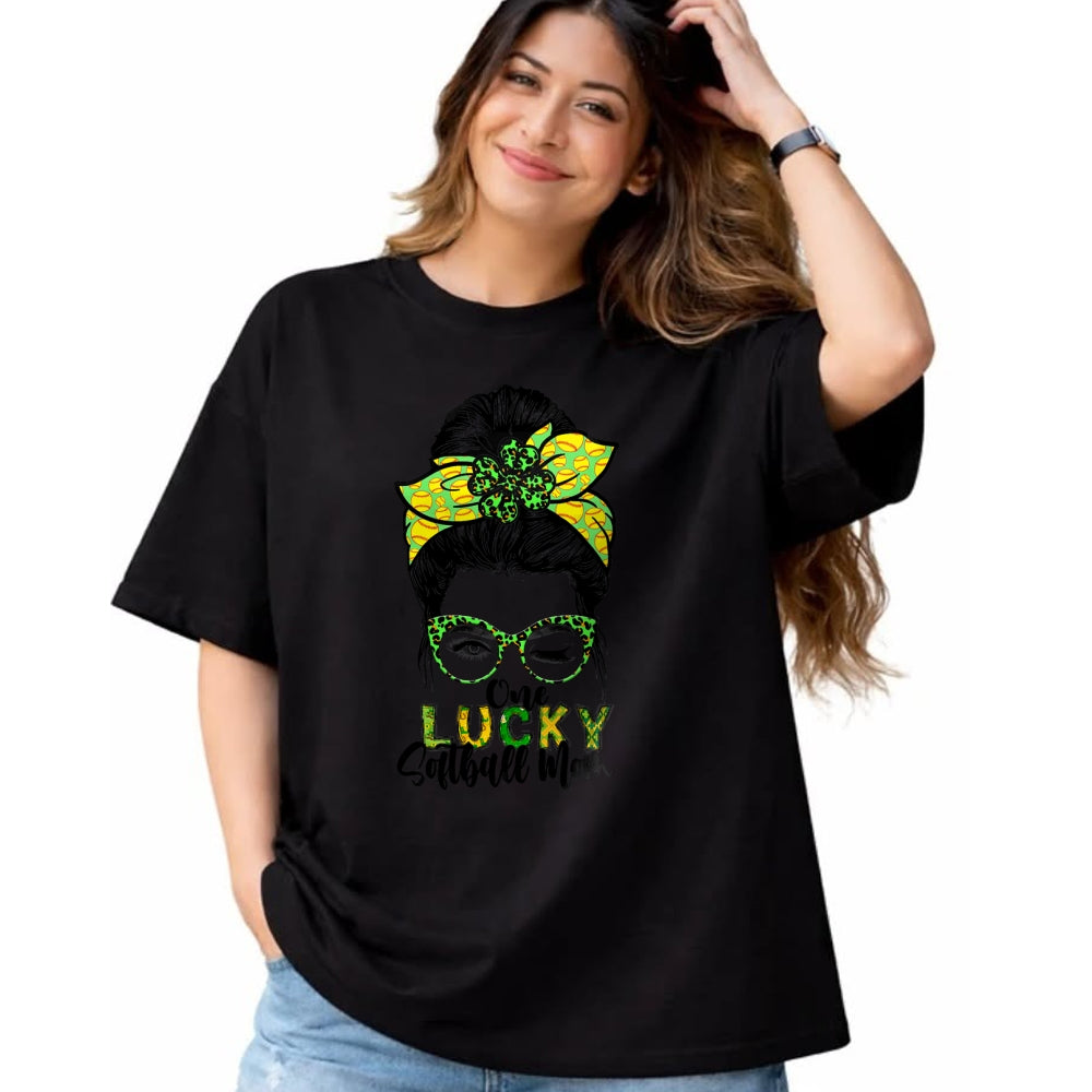 Gift for Mom Shirt, Funny Mom Unisex T-Shirt/Hoodie/Sweatshirt HLT00 - One Lucky Softball Mom Green Saint Patricks Day Messy Bun T-Shirt