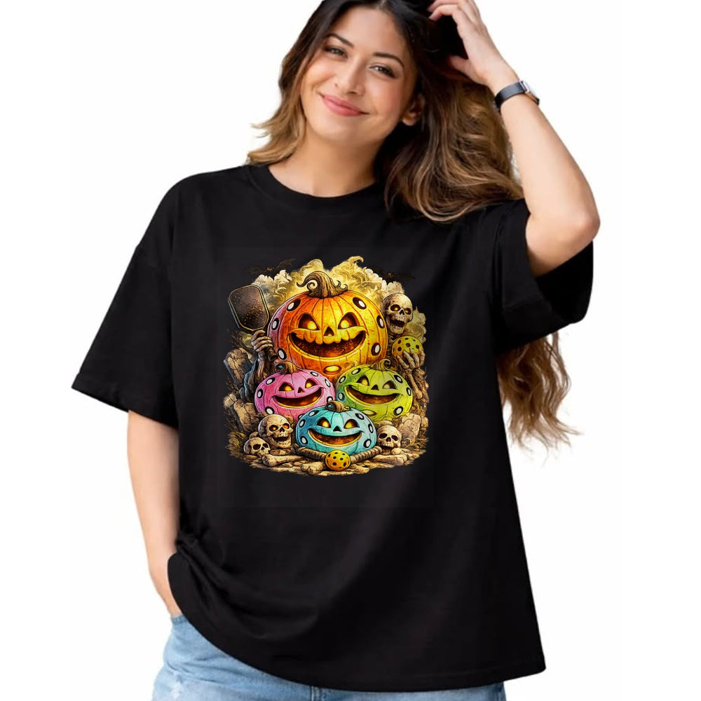 Funny Pickleball Shirt, Pickleball Lover Unisex T-Shirt/Hoodie/Sweatshirt HLT00 - Halloween Pickleball Pumpkins and Skeletons T-Shirt