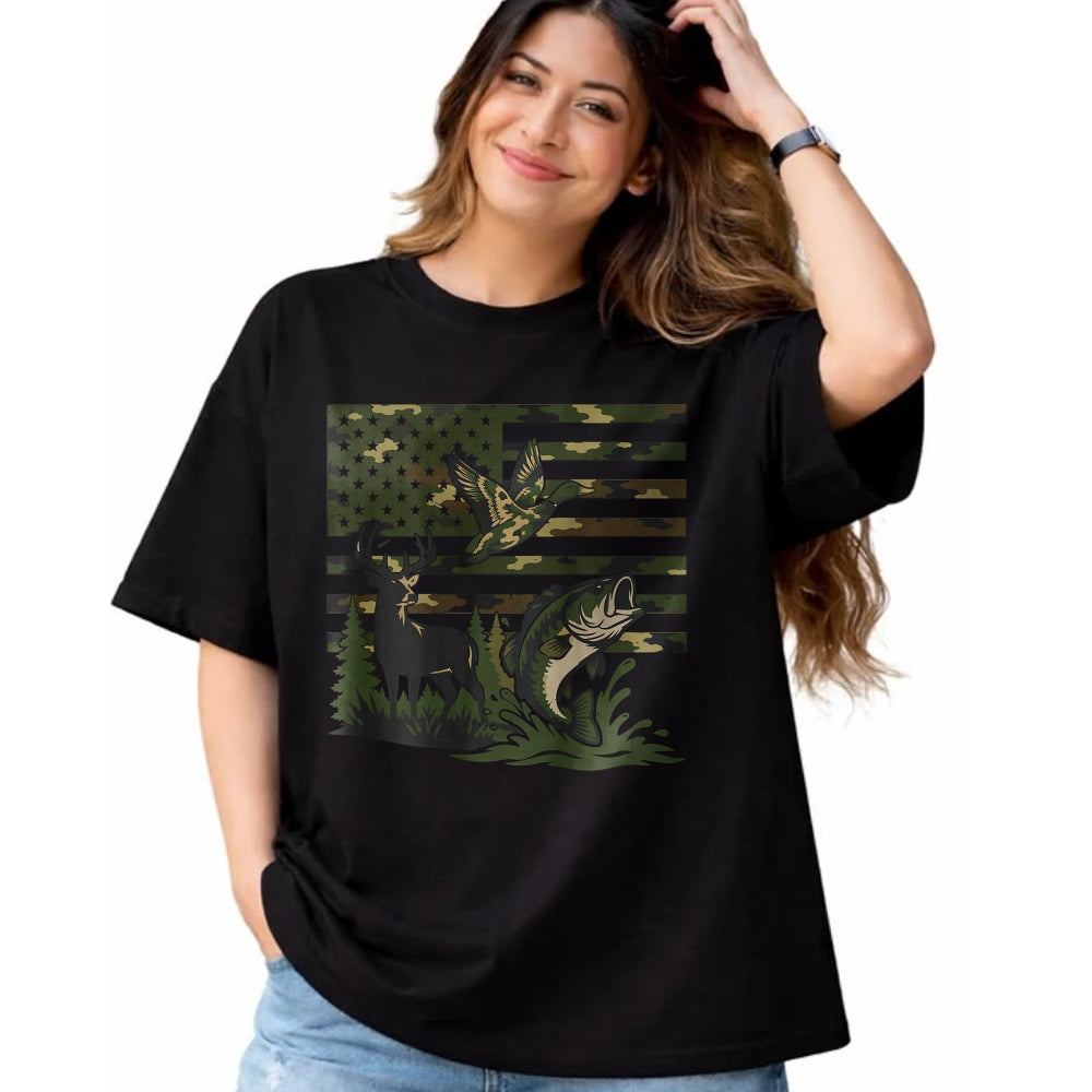 Funny Hunting Shirt, Gift For Hunting Lover Unisex T-Shirt/Hoodie/Sweatshirt HLT00 - Youth Boy Deer Duck Fishing Camo Hunting American Flag T-Shirt