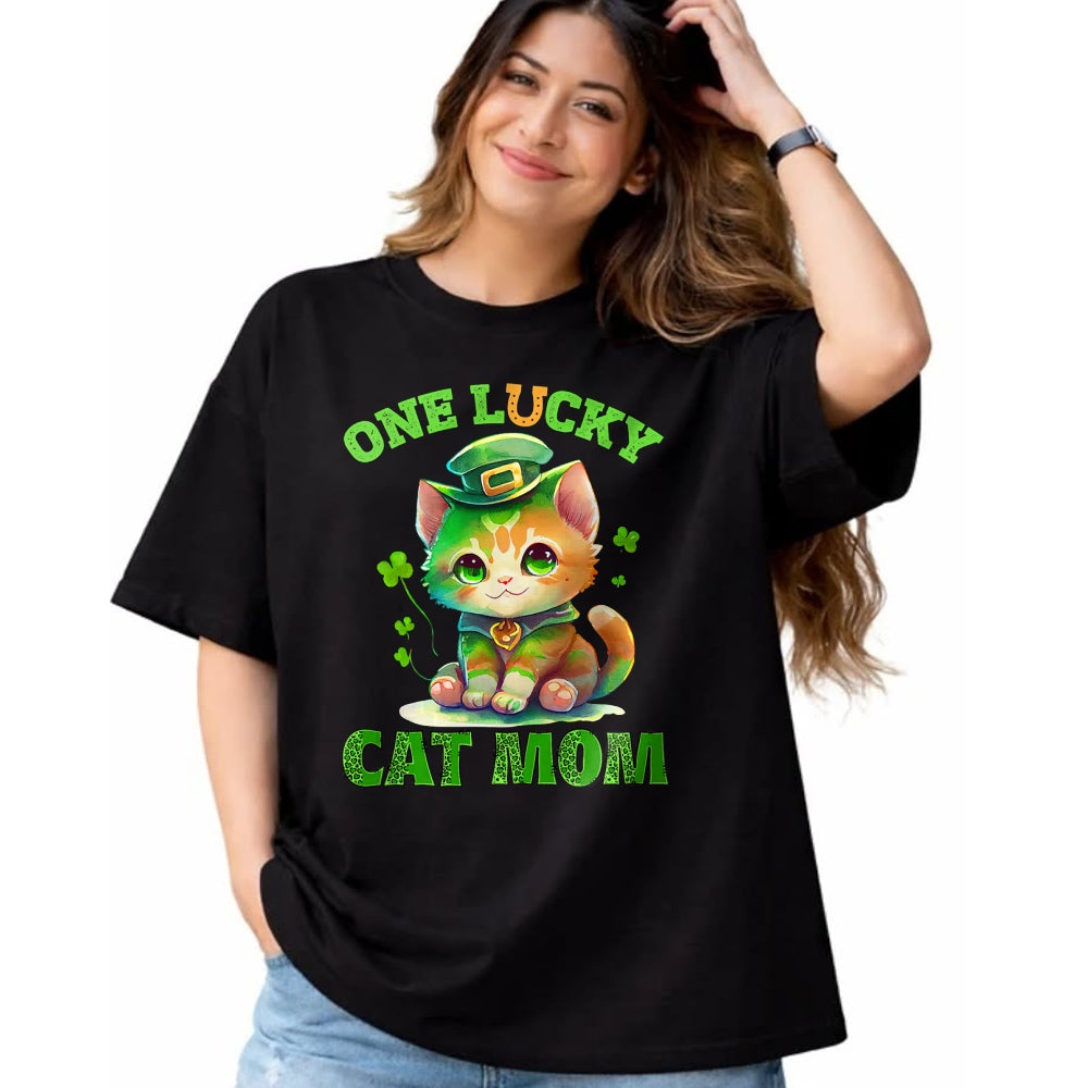 Gift for Mom Shirt, Funny Mom Unisex T-Shirt/Hoodie/Sweatshirt HLT00 - One Lucky Cat Mom St Patrick's Day Irish Lucky Cat Shamrock T-Shirt