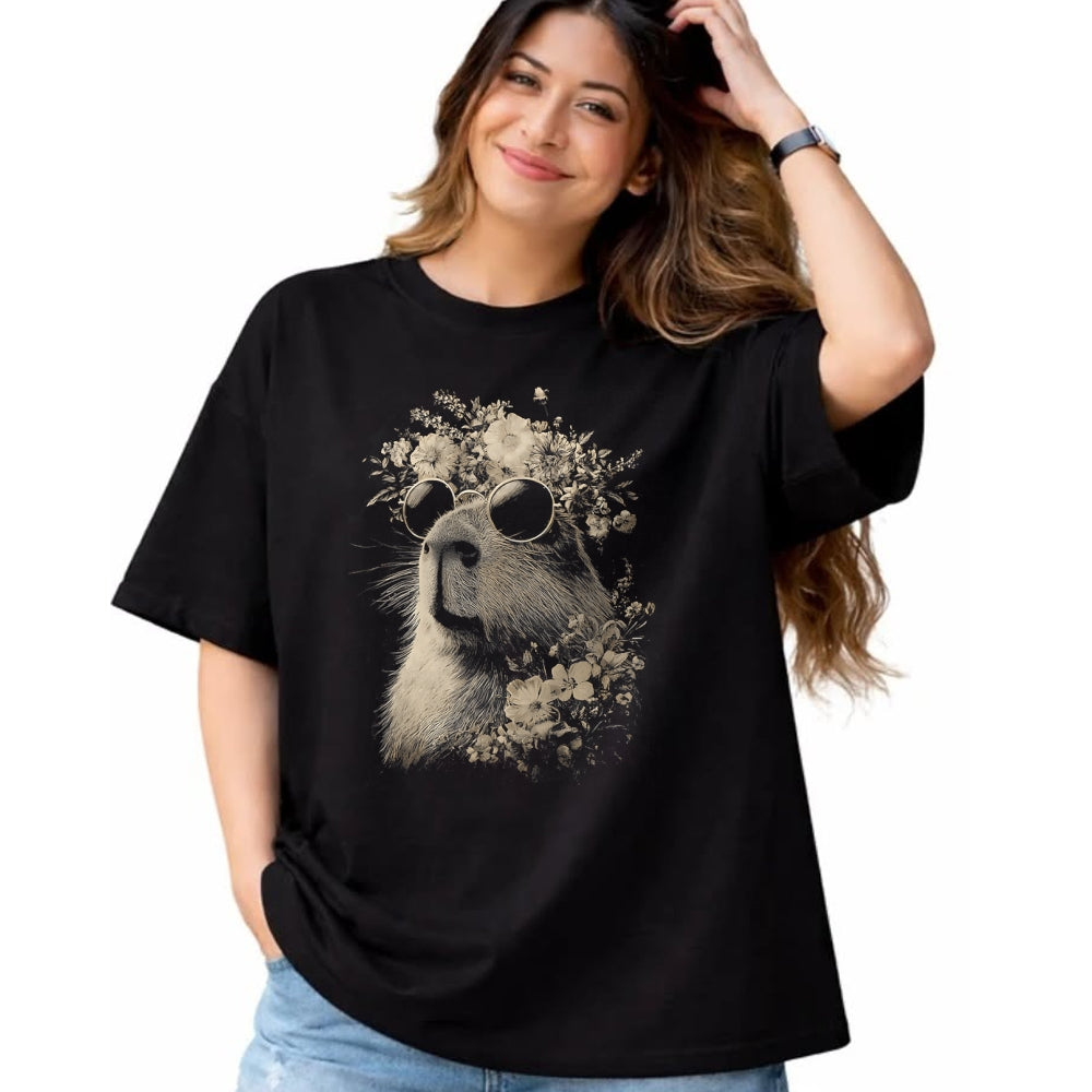 Cute Capybara Shirt, Funny Capybara Unisex T-Shirt/Hoodie/Sweatshirt HLT00 - Vintage Capybara with Sunglasses Floral Crown Boho Animal T-Shirt