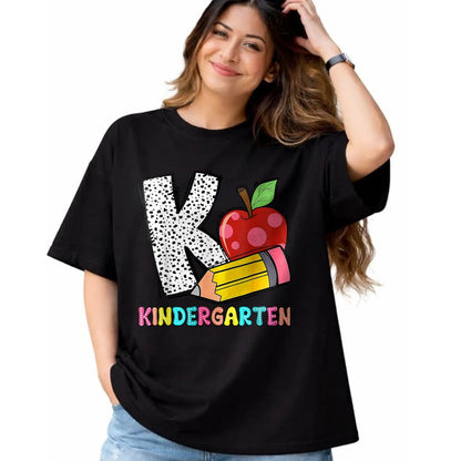 Best Student Shirt, Funny Back To School UnisexT-Shirt/Hoodie/Sweatshirt HLT00 - K is for Kindergarten Teacher Pencil Apple Back to School T-Shirt, Women, Lemon Yellow, Medium