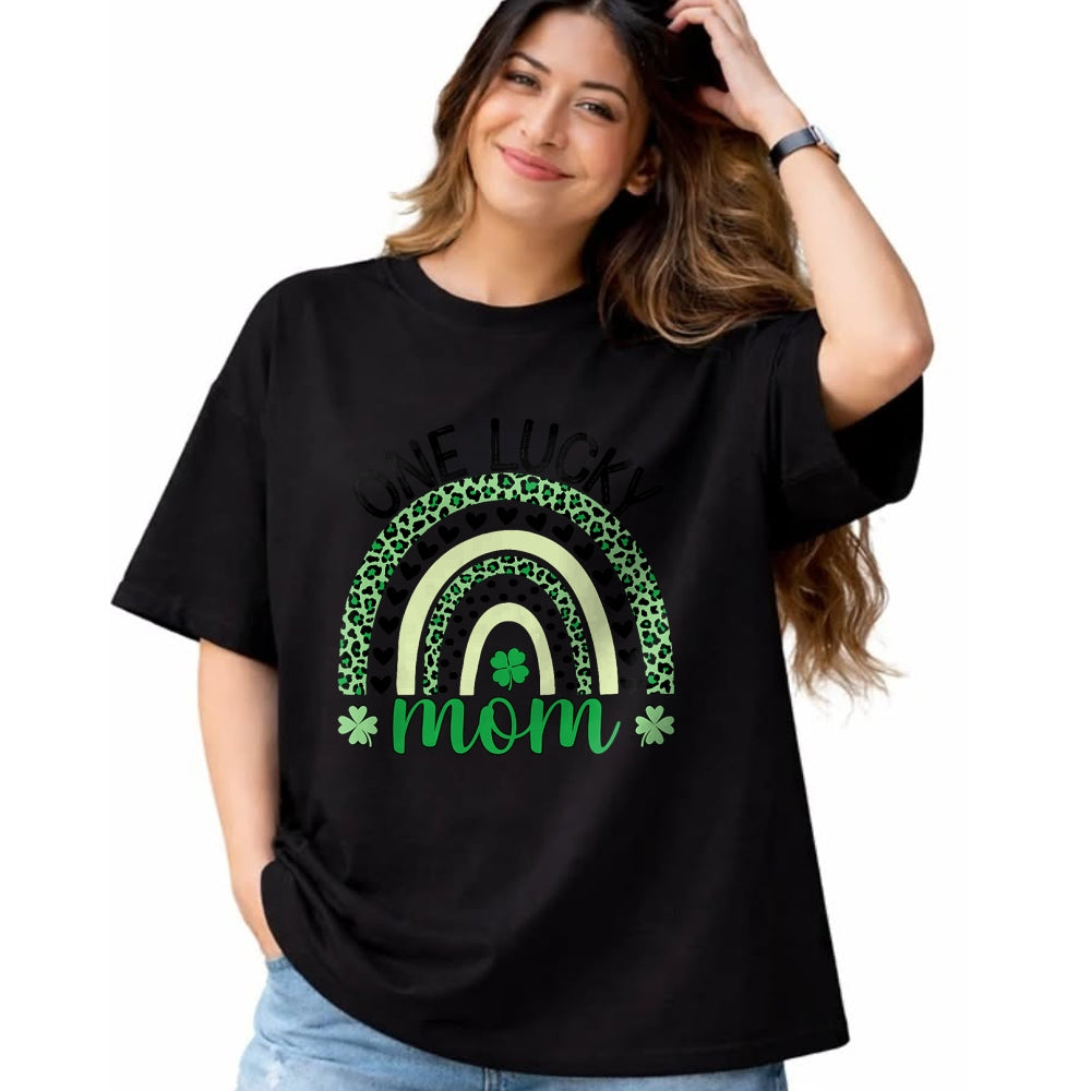 Gift for Mom Shirt, Funny Mom Unisex T-Shirt/Hoodie/Sweatshirt HLT00 - One Lucky Mom Leopard Rainbow St Patricks Day Clover T-Shirt