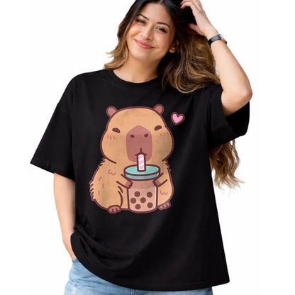 Cute Capybara Shirt, Funny Capybara Unisex T-Shirt/Hoodie/Sweatshirt HLT00 - Cute Capybara Kawaii Anime Drinking Bubble Tea Lover Girls T-Shirt