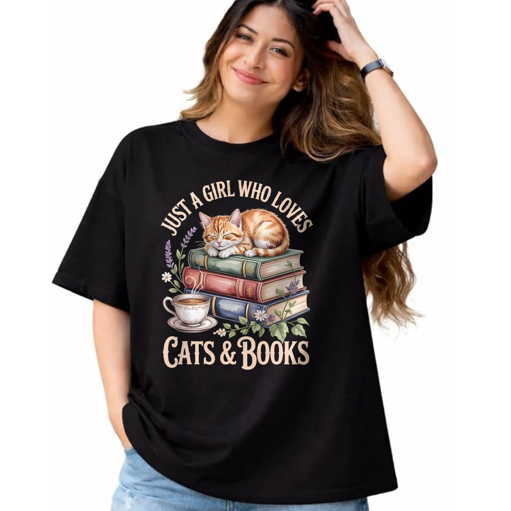 Cat Love Shirt, Funny Cat Lover Gift UnisexT-Shirt/Hoodie/Sweatshirt HLT00 - Just A Girl Who Loves Cats and Books Reading Librarian T-Shirt