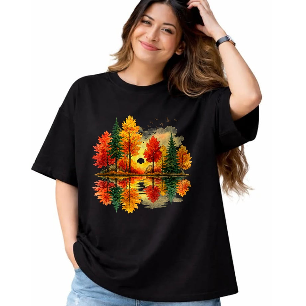 Best Thanksgiving Family Shirt , Funny Thanksgiving UnisexT-Shirt/Hoodie/Sweatshirt HLT00 - Retro Autumn Fall Leaves Forest Nature Lake Reflection T-Shirt